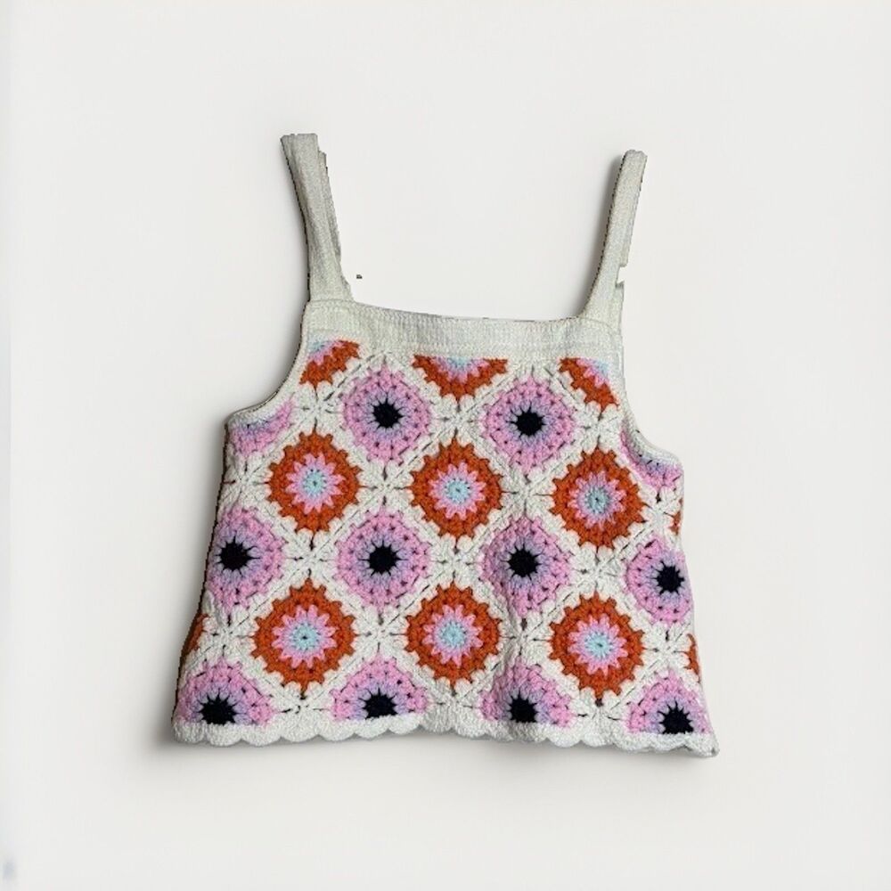 Rare Editions 100% Cotton Floral Crochet Tank Top Granny Square Multicolor Sz 8